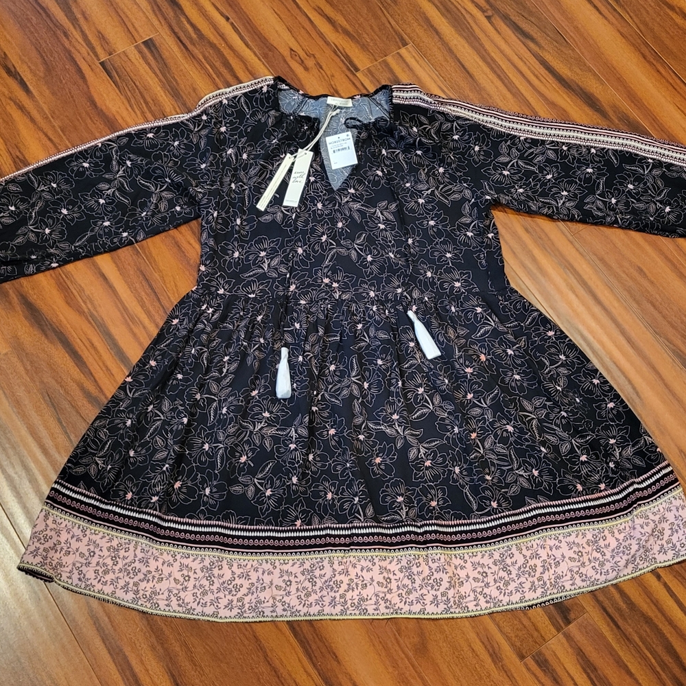 Love Stitch Black And Pink Floral Bohemian Mini Dress Size L